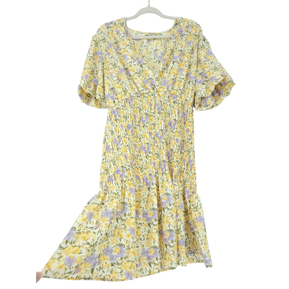 Boohoo Floral Smocked Midi Dress Women 12 Yellow Purple Puff Sleeve Cottagecore